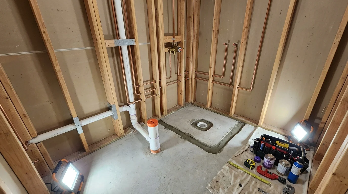 Bathroom rough-in plumbing during remodel by Johns Plumbing LLC in La Cygne
