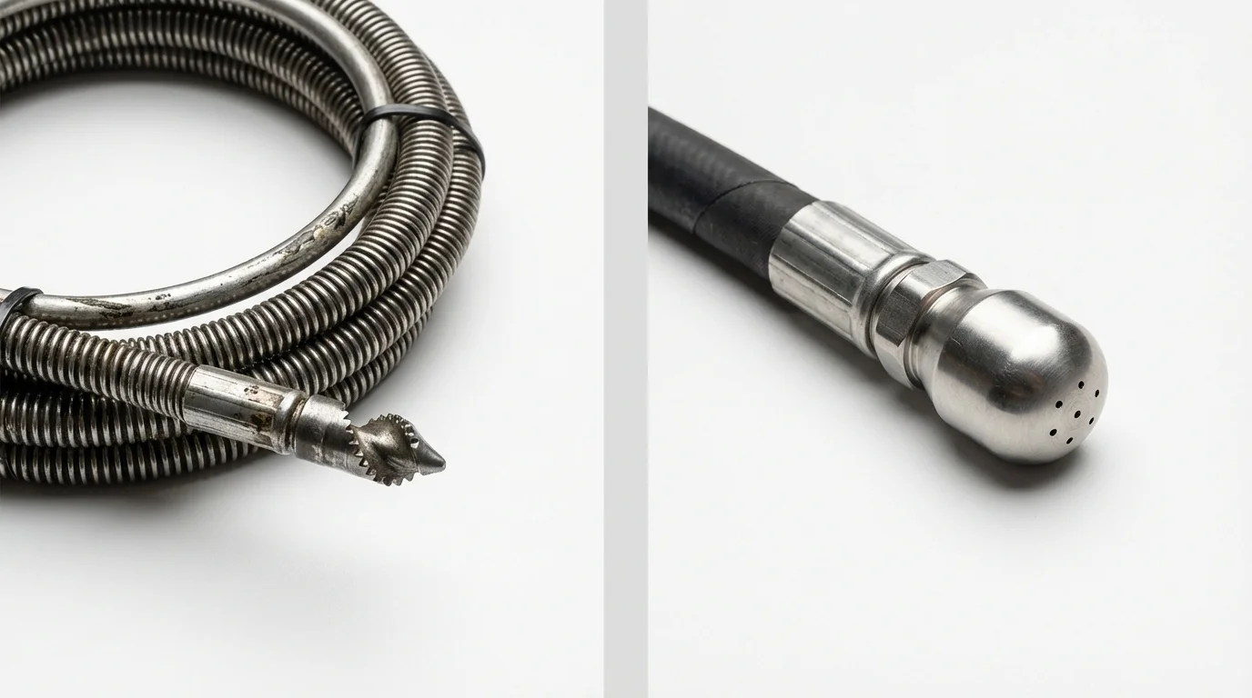 Drain snake cable and hydro jetting nozzle used for drain cleaning in La Cygne, KS
