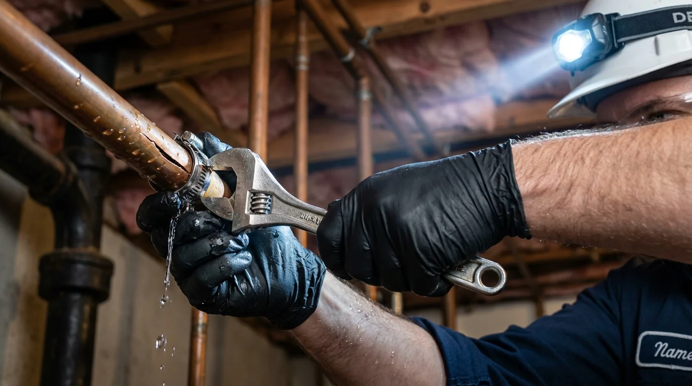 Emergency pipe clamp repair being performed by a Johns Plumbing LLC plumber in La Cygne
