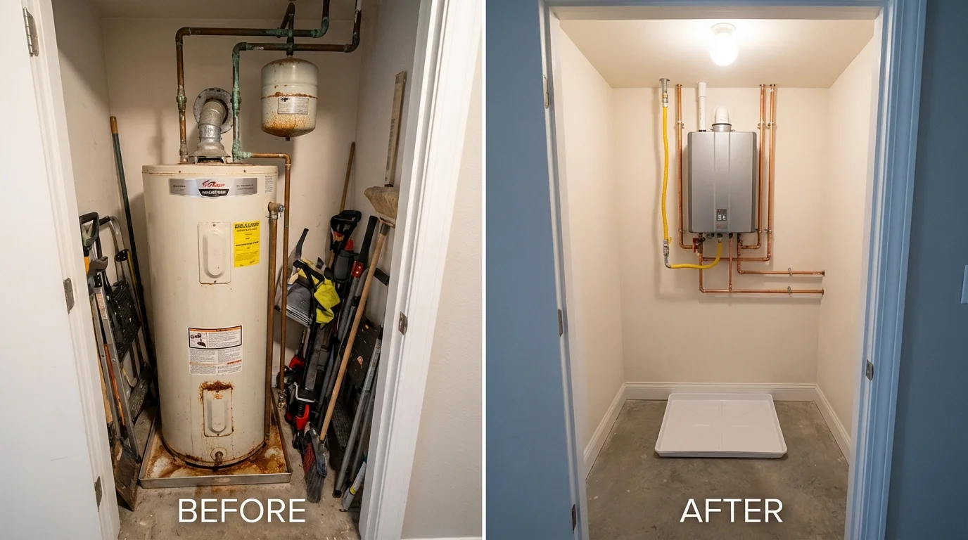 Tank water heater versus wall-mounted tankless unit comparison for La Cygne, KS homeowners