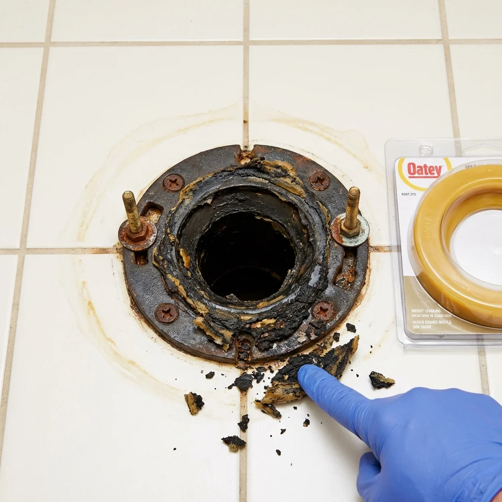 Failed wax ring showing water seepage at the base of a toilet in a La Cygne, KS home