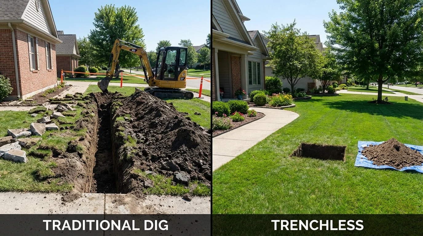 Trenchless sewer repair with minimal yard damage versus traditional excavation in La Cygne, KS