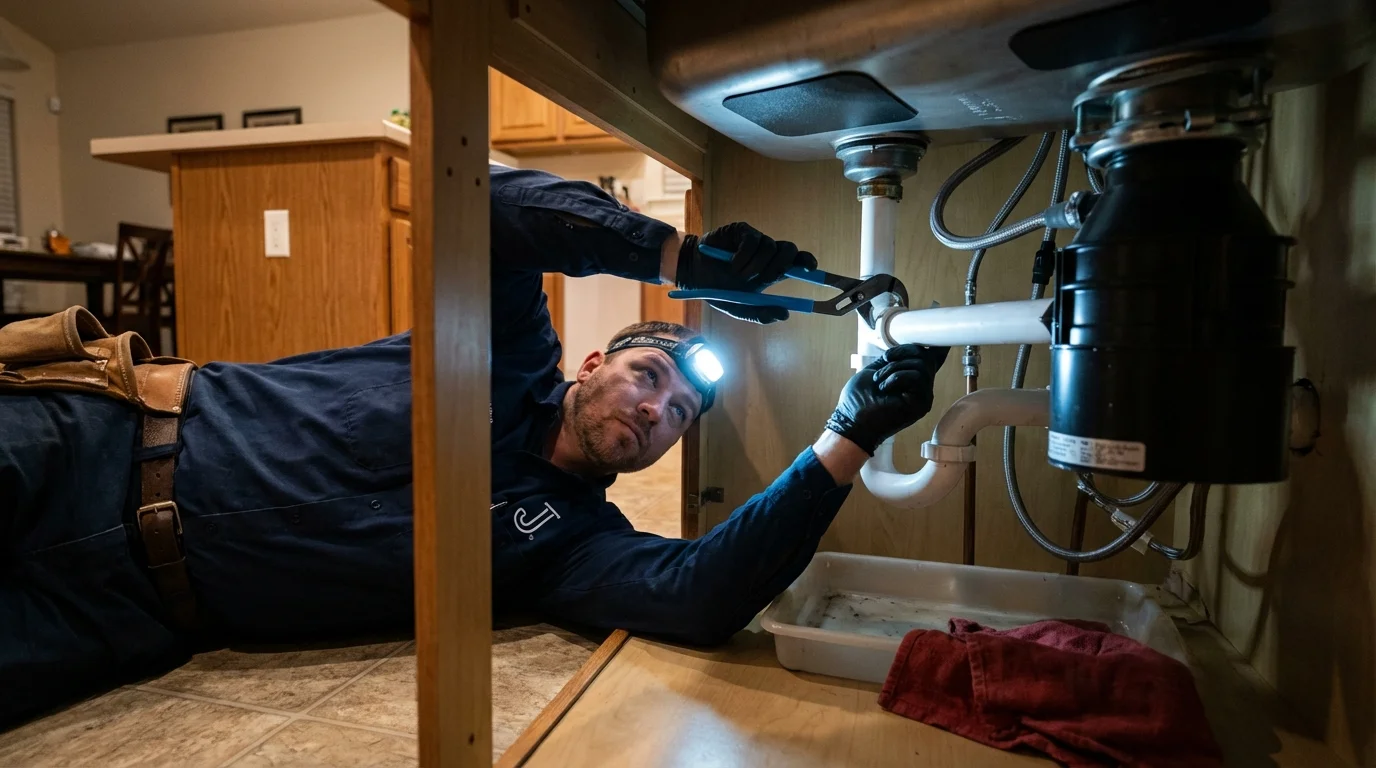 P-trap and supply line connections under a kitchen sink showing a common leak point in La Cygne, KS